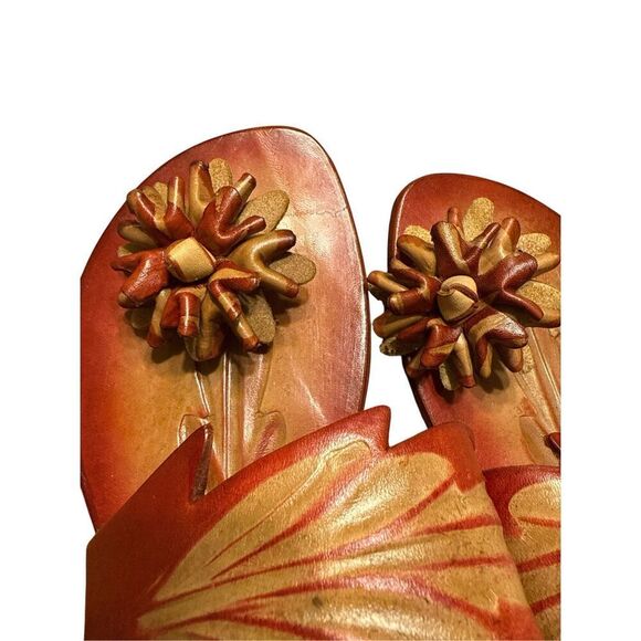 Klassic Leather Designs Red Leather Womens Sandals Sanvitalia Toe Post With leaf - Picture 5 of 6